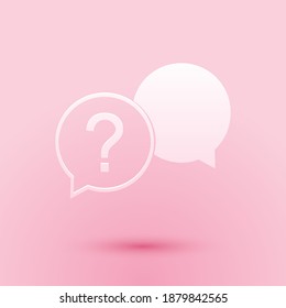Paper cut Chat question icon isolated on pink background. Help speech bubble symbol. FAQ sign. Question mark sign. Paper art style. Vector.