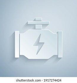 Corte de papel Icono del motor de verificación aislado en fondo gris. Estilo de arte de papel. Vector.