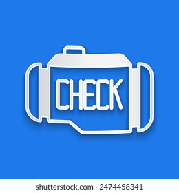 Icono de motor de cheque aislado sobre fondo azul. Estilo de arte de papel. Vector