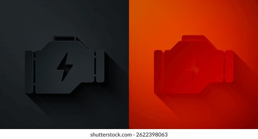 Paper cut Check engine icon isolated on black and red background. Paper art style. Vector