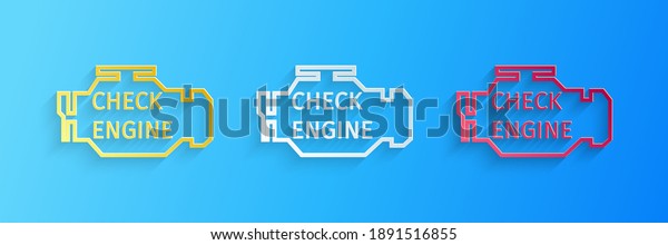 Paper cut Check engine icon isolated on blue\
background. Paper art style.\
Vector.