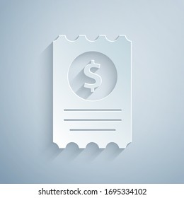 Paper cut Paper check and financial check icon isolated on grey background. Paper print check, shop receipt or bill. Paper art style. Vector Illustration