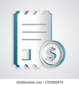 Paper cut Paper check and financial check icon isolated on grey background. Paper print check, shop receipt or bill. Paper art style. Vector Illustration
