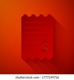 Paper cut Paper check and financial check icon isolated on red background. Paper print check, shop receipt or bill. Paper art style. Vector Illustration