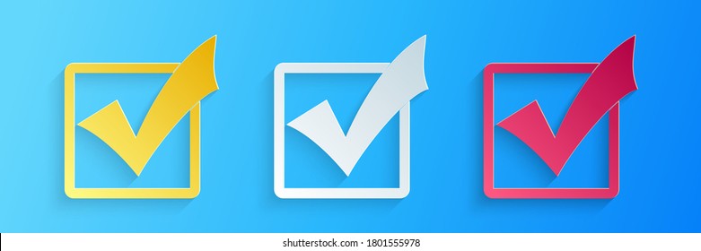 Paper cut Check mark in a box icon isolated on blue background. Tick symbol. Check list button sign. Paper art style. Vector.