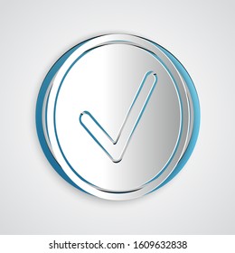 Paper cut Check mark in circle icon isolated on grey background. Choice button sign. Checkmark symbol. Paper art style. Vector Illustration