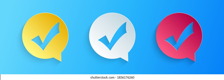 Paper cut Check mark in circle icon isolated on blue background. Choice button sign. Checkmark symbol. Speech bubble icon. Paper art style. Vector.