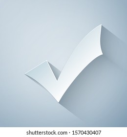 Paper cut Check mark icon isolated on grey background. Tick symbol. Paper art style. Vector Illustration