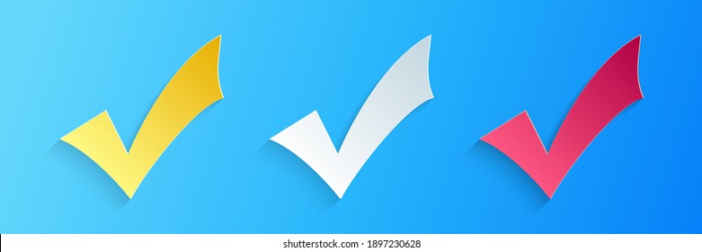 Recorte de papel Icono de marca de verificación aislado en fondo azul. Símbolo de marca. Estilo de arte de papel. Vector.