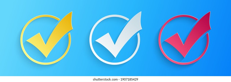 Paper cut Check mark in round icon isolated on blue background. Check list button sign. Paper art style. Vector.