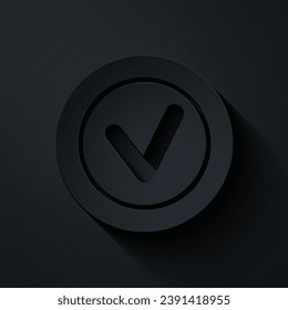 Paper cut Check mark in round icon isolated on black background. Check list button sign. Paper art style. Vector