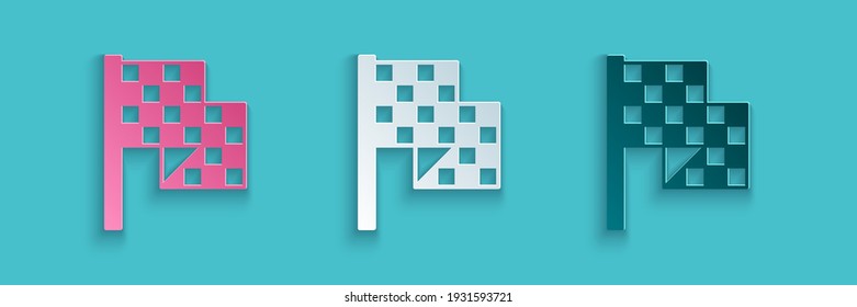 Paper cut Checkered flag icon isolated on blue background. Racing flag. Paper art style. Vector