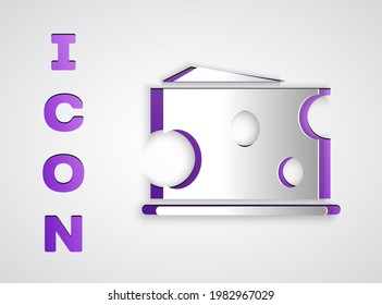 Paper cut Cheese icon isolated on grey background. Paper art style. Vector Illustration