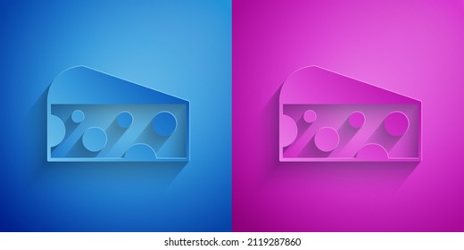 Paper cut Cheese icon isolated on blue and purple background. Paper art style. Vector