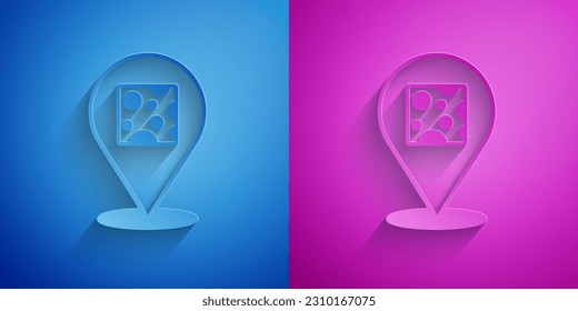 Paper cut Cheese icon isolated on blue and purple background. Paper art style. Vector