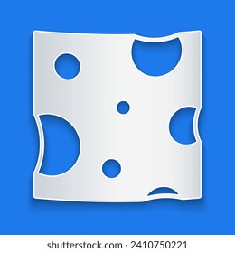 Paper cut Cheese icon isolated on blue background. Paper art style. Vector