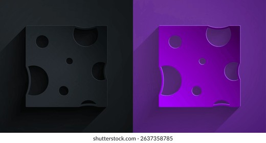 Paper cut Cheese icon isolated on black on purple background. Paper art style. Vector
