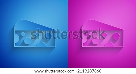 Paper cut Cheese icon isolated on blue and purple background. Paper art style. Vector