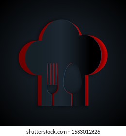 Paper cut Chef hat with fork and spoon icon isolated on black background. Cooking symbol. Restaurant menu. Cooks hat. Paper art style. Vector Illustration