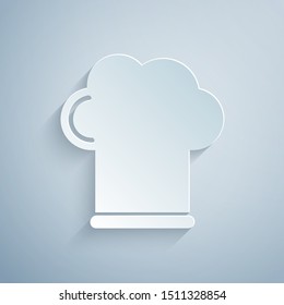 Paper cut Chef hat icon isolated on grey background. Cooking symbol. Cooks hat. Paper art style. Vector Illustration