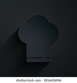 Paper cut Chef hat icon isolated on black background. Cooking symbol. Cooks hat. Paper art style. Vector