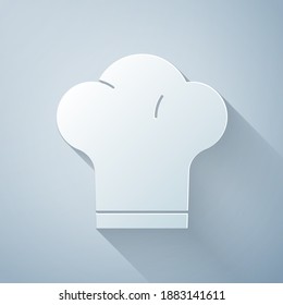 Paper cut Chef hat icon isolated on grey background. Cooking symbol. Cooks hat. Paper art style. Vector