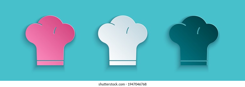 Cortar papel Icono de sombrero Chef aislado en fondo azul. Símbolo de cocina. Cocina sombrero. Estilo de arte de papel. Vector