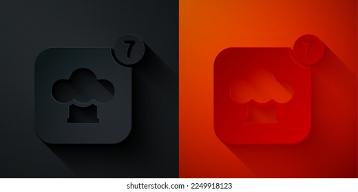 Paper cut Chef hat icon isolated on black and red background. Cooking symbol. Cooks hat. Paper art style. Vector