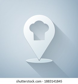 Paper cut Chef hat with location icon isolated on grey background. Cooking symbol. Cooks hat. Paper art style. Vector