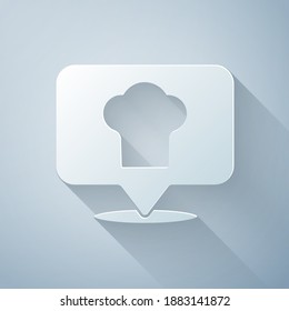 Paper cut Chef hat with location icon isolated on grey background. Cooking symbol. Cooks hat. Paper art style. Vector