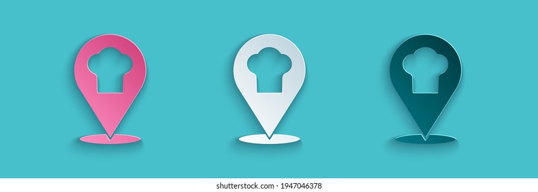 Paper cut Chef hat with location icon isolated on blue background. Cooking symbol. Cooks hat. Paper art style. Vector