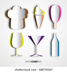 Paper cut chef mix, hat, icecream, cup and bottle, menu design background