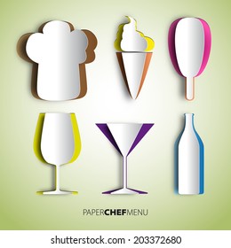 Paper cut chef mix, hat, icecream, cup and bottle, menu design background