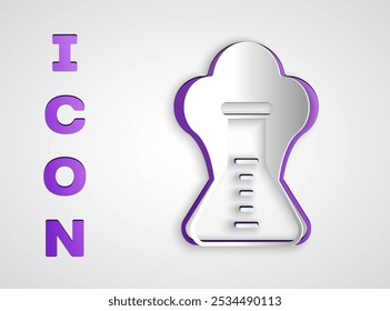 Paper cut Chemical experiment, explosion in the flask icon isolated on grey background. Chemical explosion in a test tube. Paper art style. Vector