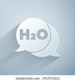 Paper cut Chemical formula for water drops H2O shaped icon isolated on grey background. Paper art style. Vector