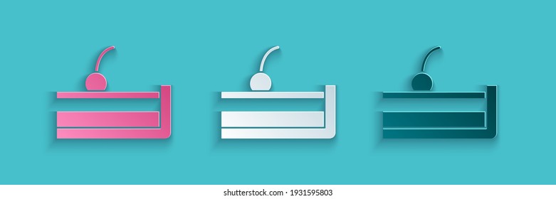 Paper cut Cherry cheesecake slice with fruit topping icon isolated on blue background. Paper art style. Vector