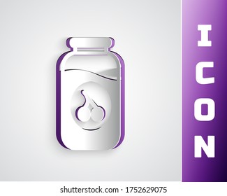 Paper cut Cherry jam jar icon isolated on grey background. Paper art style. Vector