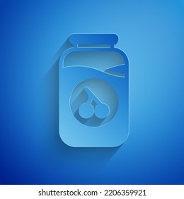 Paper cut Cherry jam jar icon isolated on blue background. Paper art style. Vector