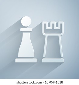 Paper cut Chess icon isolated on grey background. Business strategy. Game, management, finance. Paper art style. Vector