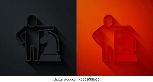 Paper cut Chess icon isolated on black and red background. Business strategy. Game, management, finance. Paper art style. Vector