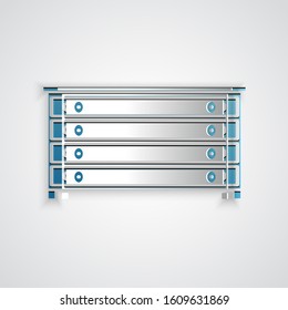 Paper cut Chest of drawers icon isolated on grey background. Paper art style. Vector Illustration