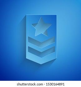 Paper cut Chevron icon isolated on blue background. Military badge sign. Paper art style. Vector Illustration
