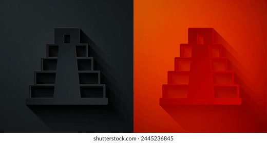 Paper cut Chichen Itza in Mayan icon isolated on black and red background. Ancient Mayan pyramid. Famous monument of Mexico. Paper art style. Vector