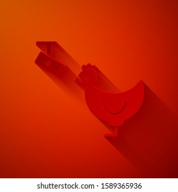 Paper cut Chicken farm and wireless Controlling CCTV security camera icon isolated on red background. Paper art style. Vector Illustration