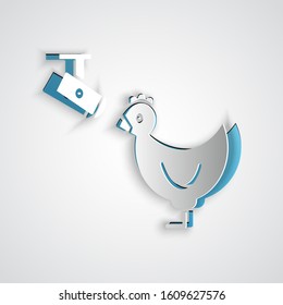 Paper cut Chicken farm and wireless Controlling CCTV security camera icon isolated on grey background. Paper art style. Vector Illustration