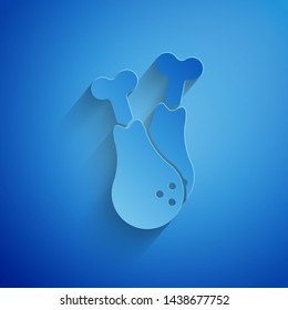 Paper cut Chicken leg icon isolated on blue background. Chicken drumstick. Paper art style. Vector Illustration