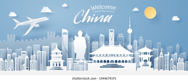 paper cut of China  landmark, travel and tourism concept, eps 10 vector.