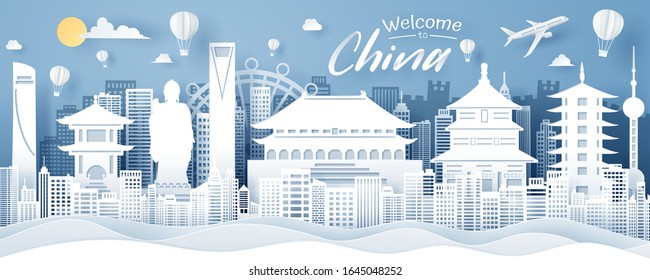Paper cut of China landmark, travel and tourism concept, eps 10 vector.