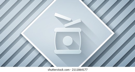 Paper cut Chinese drum icon isolated on grey background. Traditional asian percussion instrument Taiko or O-Daiko drum. Paper art style. Vector