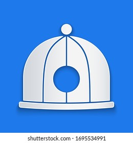 Paper cut Chinese hat icon isolated on blue background. Paper art style. Vector Illustration